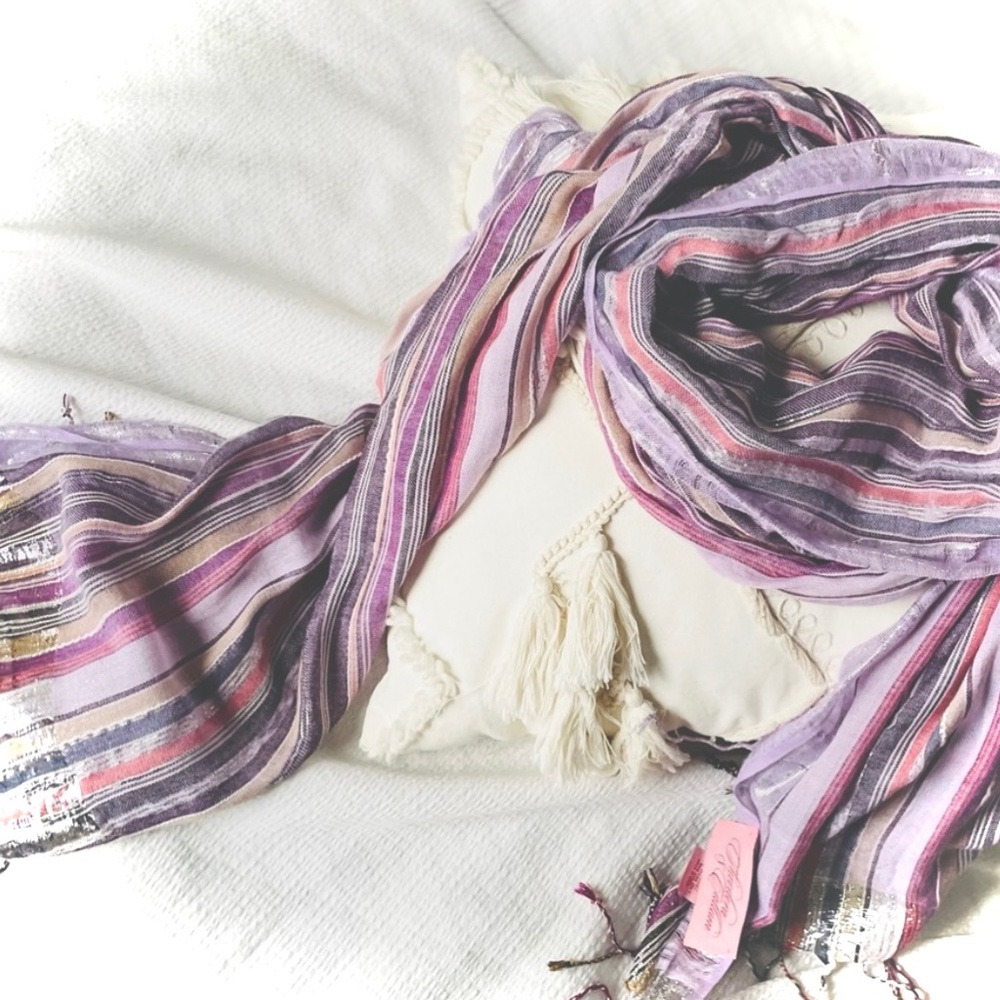 THEODORA & CALLUM | OS | Multi Monaco Metallic Purple Silver Fringe Stripe Scarf